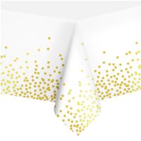Asztalterítő, műanyag, fehér, arany konfetti mintákkal, 137x 274 cm