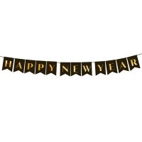 Happy new year betű fűzér, arany-fekete, 2.2méter