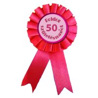 Kitűző, pink, Boldog 50. születésnapot, rozettás