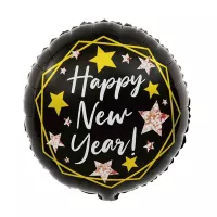 Happy New Year, fekete csillagos, fólia lufi 45cm