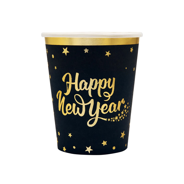 Papír pohár, fekete színben, Happy New Year, 220 ml, 6 db/cs