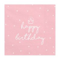 Szalvéta, light pink, happy birthday, 20 db, 33x33 cm