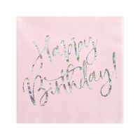 Szalvéta, világos púder pink, happy birthday, 20 db, 33x33 cm