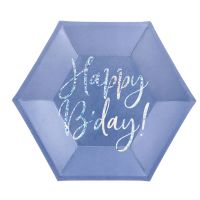 Papír tányér,  hatszögletű, kék, Happy Birthday felirattal